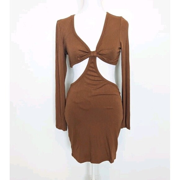 Princess Polly Sabella Brown Ribbed Mini Dress Size 8 - Picture 3 of 11